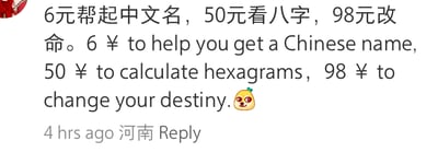 一张社交媒体回复截图，内容为幽默的服务价目表：6元帮起中文名，50元看八字，98元改命，同时配有英文翻译。下方标注“4 hrs ago 河南 Reply”，显示这是4小时前来自河南的一条回复。通过低价到高价的服务层级，尤其是“98元改命”的夸张定价制造反差笑点，整体风格轻松调侃。