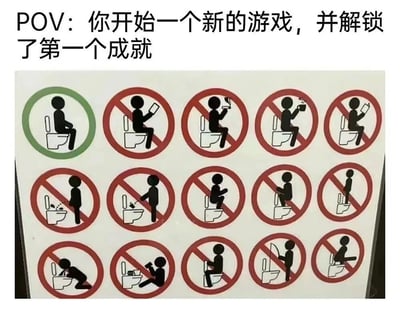 图片上方有文字'POV: 你开始一个新的游戏，并解锁了第一个成就'，下方是一张厕所使用规范图。图中只有一个绿色圆圈内的'正确坐姿如厕'是被允许的，其余14种如厕行为都被红色禁止符号标记。这个梗图通过将游戏成就系统与日常如厕行为结合，创造出幽默效果，暗示游戏的第一个成就往往简单到荒谬。