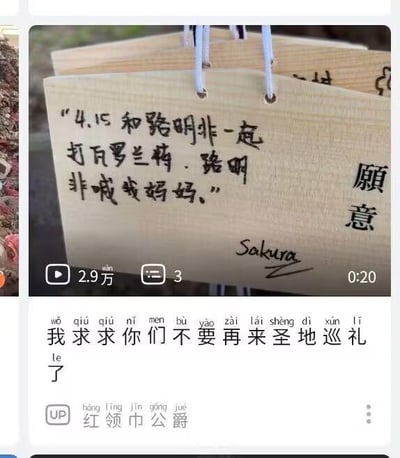 这是一张哔哩哔哩（B站）的视频截图，画面分为上下两部分：上方是一块木质许愿牌，上面手写着“4.15 和路明非一起打瓦罗兰特，路明非喊我妈妈。”，末尾署名“Sakura”，旁边还有半露的“願意”字样；下方是该视频的标题“我求求你们不要再来圣地巡礼了”，up主为“红领巾公爵”，同时显示视频播放量2.9万、3条弹幕、时长0:20。许愿牌内容玩了《龙族》的IP梗，路明非的日文名为Sakura，“瓦罗兰特”是游戏《无畏契约》的旧称，粉丝将作品角色和游戏结合，写下趣味许愿内容；up主的标题则是对粉丝过度前往相关地点进行圣地巡礼的无奈吐槽，整体氛围搞笑又带着粉丝玩梗的趣味。