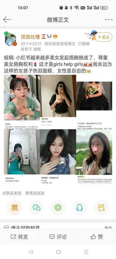 这是微博娱乐博主「顶流吐槽」发布的内容，整理了小红书上多位女生发起的「捂胸挑战」相关自拍图。图中女生们通过捂胸的动作，搭配「就爱捂」「捂胸自由」等文案，传递女性拥有自主选择身体展示方式的权利。博主配文力挺这种行为，认为这是「girls help girls」的体现，为女性自由发声，表达了对女性身体自主权的支持，整体传递出女性自主、互相支持的正向态度，无谐音梗或双关内容。