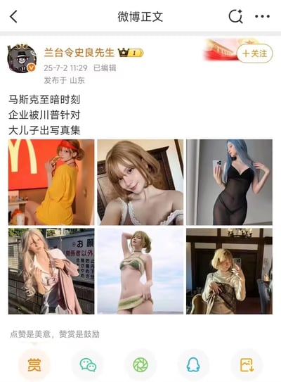 这是一条来自微博用户@兰台令史良先生的博文，发布于2025年7月2日，文案调侃马斯克正处于「至暗时刻」：一方面其企业被川普针对，另一方面他的大儿子（已跨性别，名为薇薇安·詹娜·威尔逊）推出了风格多样的写真集。博文搭配了六张写真图片，涵盖麦当劳主题造型、清凉泳装、日常自拍等多种风格，造型大胆多变。