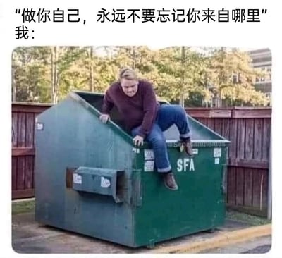 这是一张反鸡汤风格的搞笑梗图，图上方配有中文文字“做你自己，永远不要忘记你来自哪里”和“我：”，下方的实拍画面中，一名穿着酒红色上衣、蓝色牛仔裤的男子正从标有“SFA”字样的大型绿色垃圾箱边缘爬出来，表情窘迫无奈，身体半在箱内半在箱外。该图用夸张自嘲的方式回应“不忘初心”这类鸡汤式话语，暗示自己“来自底层、不如意的处境”，通过鸡汤话语和窘迫现实的强烈反差制造笑点，精准戳中很多人在生活中感到窘迫、需要自我调侃的情绪，适合在社交平台用来表达对自身处境的自嘲。