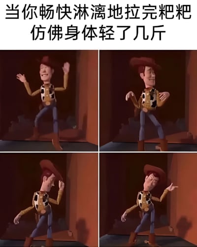这张梗图上方有文字"当你畅快淋漓地拉完粑粑 仿佛身体轻了几斤"，下方是四格拼接的动画角色伍迪跳舞的画面。伍迪戴着牛仔帽，穿着黄色格子衬衫和蓝色牛仔裤，正在兴高采烈地跳着舞，表情开心，动作舒展，生动地表现出排便后的轻松愉悦感。