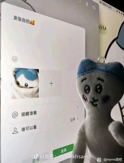 这张图呈现了一个充满趣味的场景：一个蓝白配色的毛绒玩偶静立在手机屏幕旁，手机屏幕显示的是微信朋友圈的发布界面，界面内输入的文案为“发张自拍🥵”，并且已经添加了该毛绒玩偶的照片，仿佛这个玩偶正在自己发布自己的自拍，将玩偶拟人化，营造出可爱又搞笑的氛围，十分有创意。