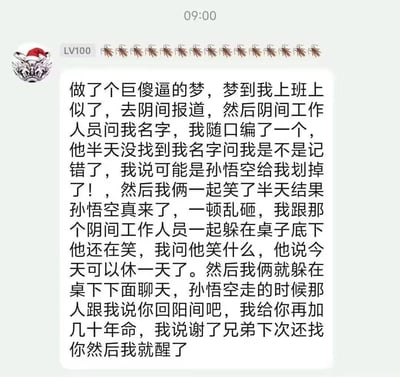 这是一张社交媒体平台的发言截图，截图顶部显示时间为09:00，发言用户等级为LV100，头像是佩戴圣诞帽的卡通形象，昵称旁配有一排蟑螂emoji。发言内容是一段荒诞搞笑的梦境分享：发帖人梦到自己上班猝死到阴间报到，怕被查到真名随口编了个名字，还开玩笑称自己的名字可能是被孙悟空划掉了，没想到孙悟空真的现身到阴间打砸，发帖人和阴间工作人员一起躲在桌子底下，工作人员还开心地表示今天可以放假一天，孙悟空离开后工作人员给发帖人加了几十年阳寿让他返回阳间，最后发帖人就醒了过来，故事整体轻松搞笑，暗含打工人对上班的抵触情绪。