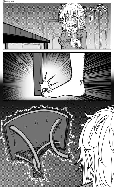 这是一幅由三格组成的黑白原创漫画，第一格展现了一位状态迷糊的女孩：她手持玻璃杯，眼神涣散、脸上带着红晕，嘴角还挂着口水，正哼着歌走神地走动；第二格用放射状的冲击线条特写女孩的脚重重踢到桌腿的瞬间，强化了撞击的力度感；第三格采用拟人化的夸张手法，将桌腿描绘成在剧痛下发抖、流汗的状态，仿佛桌腿也拥有了感知疼痛的意识，通过这种反差感制造出搞笑的效果，生动还原了日常中不小心踢到桌腿的糗事与强烈痛感。