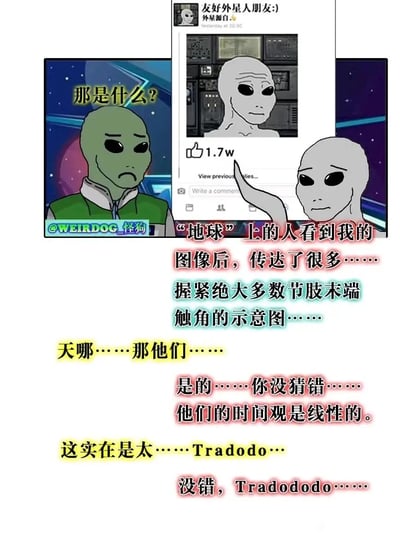 这是一幅原创搞笑梗图，采用剧场式图文混排的静态构图，描绘了两个外星人间的对话。灰色外星人向绿色外星人展示自己在地球社交平台发布的自拍照，将人类的点赞手势奇特地解读为“握紧绝大多数节肢末端触角的示意图”，并由此脑洞大开地推断出人类的时间观是线性的，最后两个外星人用无意义的拟声词“Tradodo”“Tradododo”来表达这种认知带来的震惊与难以形容的感受，通过跨物种的认知错位制造出荒诞搞笑的效果。