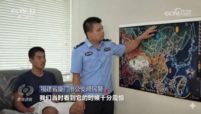 画面中一名身穿蓝色警服的福建省厦门市公安局民警正用手指着墙上一幅色彩复杂、布满线路和符号的地图，表情严肃。旁边一名男子坐在灰色沙发上，专注地看着民警和地图。背景是带有百叶窗的窗户，左上角显示'CCTV13 新闻'台标，右下角有'央视网'和'CCTV.com'水印，底部字幕显示民警发言：'我们当时看到它的时候十分震惊'。