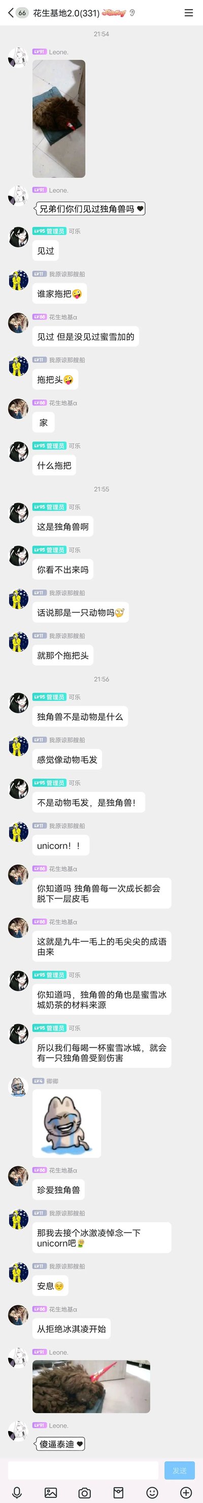这是一张QQ群“花生基地2.0(331)”的聊天记录截图，21:54群成员Leone发布了一张放置在地面上、外形类似拖把头的物品照片，随后配文询问群友“兄弟们你们见过独角兽吗 ❤”，引发群内玩梗互动。管理员可乐首先回应“见过”，群友“我原谅那艘船”直接指出这是拖把，“花生地基α”则接梗提到“蜜雪加的”，随后群内围绕这张图展开趣味讨论：可乐坚持这是独角兽，“我原谅那艘船”质疑物品的属性，之后“花生地基α”和可乐开始编造关于独角兽的搞笑虚构设定，比如称独角兽脱皮毛是成语“九牛一毛”的由来，蜜雪冰城奶茶的原料来自独角兽的角，喝蜜雪冰城会伤害独角兽，群友们顺着这个梗延伸出“珍爱独角兽”“拒绝冰激凌”的玩笑内容，最后Leone发布该物品的近照并配文“傻逼条 ❤”，整个群聊过程充满轻松搞笑的玩梗氛围，是群友间的趣味互动。