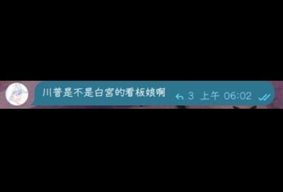 这是一张聊天消息截图，画面上下为黑色遮挡区域，中间露出一条蓝色气泡的聊天消息；消息左侧是模糊的圆形用户头像，气泡内的文字内容为"川普是不是白宫的看板娘啊"，气泡右侧标注消息发送时间为上午06:02，共有3条回复，最右侧是消息已读的双对勾标识，内容是网友玩梗，调侃将美国前总统特朗普称为白宫看板娘。
