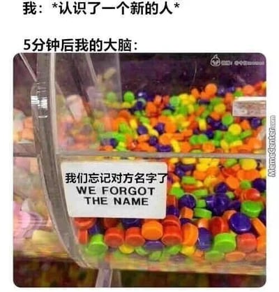 这是一张贴合日常健忘场景的搞笑梗图，上方文字先设定场景：“我：*认识了一个新的人*”，随后用“5分钟后我的大脑：”引出下方配图。配图为一个装满五颜六色小颗粒的透明容器，容器上的标牌同时标注中英文“我们忘记对方名字了 WE FORGOT THE NAME”，用容器中杂乱无章的颗粒类比大脑中混乱、记不住信息的状态，生动调侃了很多人刚结识新朋友不久就遗忘对方名字的尴尬日常，精准戳中这类健忘人群的共鸣点。