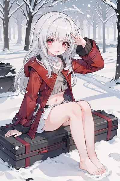 这是一幅日系二次元风格的AI插画，画面设定在飘雪的冬日树林中：一位银发红眸的少女，穿着酒红色带黑边的中长款外套，内搭短款浅灰上衣露出腰腹，下身是白色短裤，赤着双脚踩在积雪上，正坐在一个带有红色绑带的黑色金属箱子上。她左手撑在箱子边缘，右手抬起比出轻触额头的姿势，眼神懵懂好奇，整体氛围清冷又带着一丝软萌，雪地的冷色调和少女暖色系的衣着形成鲜明视觉对比。