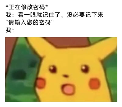 这是一张精准戳中日常尴尬的图文混排梗图，上方文字构建了修改密码的场景：标注“正在修改密码”的前提下，用户自信满满地表示自己看一眼新密码就能记住，完全不需要记录；紧接着系统发出“请输入您的密码”的提示，此时用户瞬间忘记刚设置的密码，下方搭配《精灵宝可梦》里皮卡丘茫然惊讶的表情包，生动还原了用户大脑一片空白、不知所措的状态，引发众多有相同经历的人的共鸣。