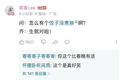 这是一张来自哔哩哔哩（B站）的社交媒体截图，用户“栗猫Lee”（LV6等级，IP属地广东）发布了一条搞笑谐音梗动态。内容以问答形式呈现：提问“怎么有个饺子没煮熟啊？”，回答“生就对啦！”，这里运用了谐音双关，“生就对啦”谐音调味品“生抽对啦”，用无厘头的方式制造笑点。该动态获得了7627个点赞，下方展示了两条网友评论，分别是“你这个比春晚有活”和“这个是真好笑”，评论区共有141条回复，可见这个梗受到了不少网友的喜爱。