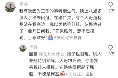 这是一张社交媒体评论区截图，展示了用户憬芸分享的亲身经历：她曾因工作不顺情绪崩溃，晚上八点多在路口哭泣时，遇到一名遛柯基的陌生大哥，对方没有直接安慰，反而主动询问她要不要摸自己的柯基，称狗的手感很好；后续憬芸回复其他网友时补充，这只柯基非常擅长哄人，大哥让它乖乖给人摸时，它十分熟练地撅起屁股配合，整个故事充满来自陌生人的善意和趣味性，十分治愈，两条评论分别获得1.7万和1.3万网友点赞。