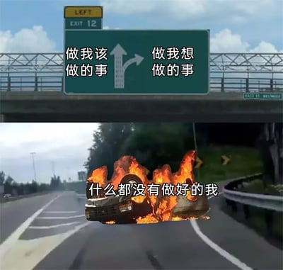 图片上半部分是一个绿色的公路指示牌，被改造成人生选择的隐喻：左侧写着“做我该做的事”配向上箭头，右侧写着“做我想做的事”配向右箭头，象征着人们在责任与欲望间的两难。下半部分则是一辆在高速公路上燃烧坠毁的汽车，叠加文字“什么都没有做好的我”，用黑色幽默的方式展现了因无法平衡两者而最终一事无成的挫败感，精准戳中当代人在选择中的焦虑与自嘲心态。