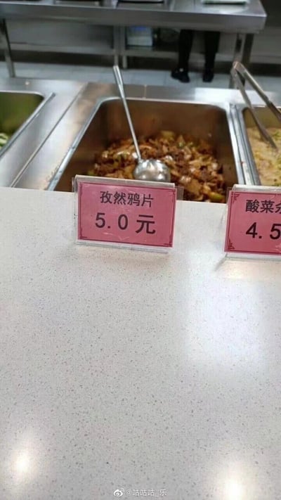 这是一张竖屏拍摄的食堂打餐窗口实拍图，画面中展示了餐台的价签和后方餐盆里的菜品。其中一份菜品的价签标注为“孜然鸦片”，售价5.0元，旁边还有另一道以“酸菜”开头的菜品价签，售价4.5元。从餐盆里的菜品来看，这应该是一道孜然炒制的肉菜，价签上的“鸦片”明显是错别字，应为“鸭片”（孜然鸭片）的笔误，这种失误制造出了滑稽的效果，容易引发观者的调侃。图片底部带有微博用户“@咕咕咕_乐”的水印。