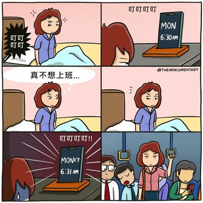 这是一组六格连环卡通漫画，生动描绘了普通打工人周一清晨的真实状态：第一格中红头发女性被闹钟的“叮叮叮叮”声吵醒，一脸烦躁地从床上坐起；第二格展示了她床头的闹钟，屏幕显示“MON 6:30AM”，点明是周一的清晨；第三格中她内心抱怨“真不想上班...”，满脸抗拒；第四格她依旧坐在床上，情绪低落；第五格闹钟再次响起，屏幕变成“MONEY 6:31AM”，利用“MON（周一）”和“MONEY（钱）”的谐音，表现了打工人的真实驱动力；第六格画面切换到拥挤的通勤交通工具上，女性抓着吊环，一脸麻木疲惫，身边都是同样状态的上班族。漫画通过谐音梗精准戳中了当代打工人不想上班却为了生计不得不坚持的共鸣点。