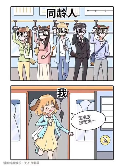 这是一张两格对比漫画，描绘了同龄人的不同人生轨迹。上格展示五位戴着动物耳朵的年轻人在地铁上，每个人头顶都有代表不同人生阶段的标签：考博、二胎、创业、买房、离婚。下格则是一位戴着狗耳朵的女孩开心地走出地铁门，说道："回家发屎图咯~"，形成鲜明对比，幽默地展现了当代年轻人面对不同人生节奏的自嘲态度。