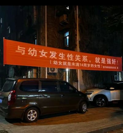 这是一张夜晚拍摄的居民区照片，画面中悬挂着一条醒目的橙色普法宣传横幅，横幅上写着「与幼女发生性关系，就是强奸！（幼女就是未满14周岁的女性）」，横幅右下角标注着「望月湖街道溁湾镇社区 宣」。横幅下方停着两辆汽车，背景是亮着灯的居民楼，整体场景是社区进行的法律知识宣传，内容直白严肃，旨在警示公众，普及与未成年人相关的法律规定，没有双关、谐音梗或暗示内容。