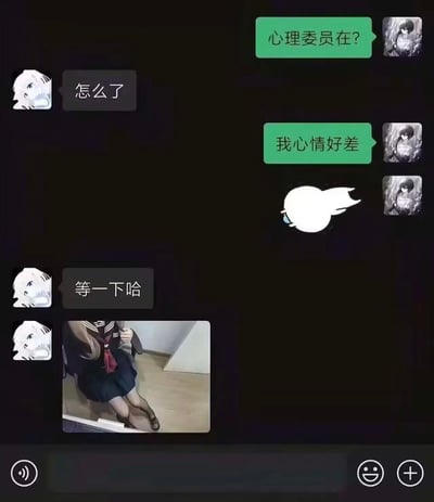 这是一段模拟社交软件的聊天记录截图：用户先联系心理委员，告知自己心情很差，还发送了一个低落的表情；心理委员回复“等一下哈”后，发来一张视觉错位的搞笑图片——图中人物抱着猫，猫的身体和人物腿部形成视觉错觉，看起来像是人物有着怪异的姿势，用这种反差感拉满的搞笑方式来安慰心情低落的用户，瞬间消解负面情绪。