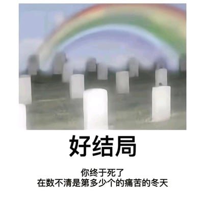 这是一张充满黑色幽默的丧文化梗图，画面主体是一片分布着多座白色墓碑的墓地，背景中横跨着一道彩虹，画面下方配有醒目的文字“好结局”，以及小字注解“你终于死了
在数不清是第多少个的痛苦的冬天”。图中用“死亡”这种通常被视为悲剧的场景，结合“好结局”的定义形成强烈反差，传递出在长期被痛苦生活裹挟的状态下，死亡反而成为一种解脱的极端情绪，用反向的叙事来消解生活的痛苦感，是丧文化的典型表达形式。