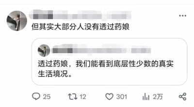 这是一张社交媒体截图，显示了一位用户发布的关于"药娘"(指通过药物进行性别转换的跨性别者)和底层性少数群体生活境况的讨论内容。截图中包含两条用户发言，分别是"但其实大部分人没有透过药娘"和"透过药娘，我们能看到底层性少数的真实生活境况。"用户头像和名称已被模糊处理，截图底部显示有25条评论、12次转发、301个点赞和2万次浏览量。