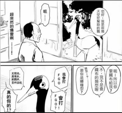 这是改编自日本民间故事《鹤的报恩》的搞笑漫画，共三格：
1. 大叔突然看到自称是之前受他帮助的鹤来到家中，一脸震惊，发出“超突然的爆雷啊……！”的感叹；
2. 大叔依照传统故事的惯性，以为鹤是来织布报恩，结果鹤表示自己不是织布的类型，而是会打手游《Fate/Grand Order》（简称FGO），还列举了无限池、高难本、刷羁绊、圣杯战线这些FGO玩家熟悉的玩法；
3. 大叔听到后十分惊讶，不敢相信眼前的鹤居然是FGO玩家。

该梗图颠覆了传统鹤报恩织布的经典设定，用热门手游内容制造反差，精准戳中FGO玩家的笑点，属于ACG圈的搞笑二次创作。