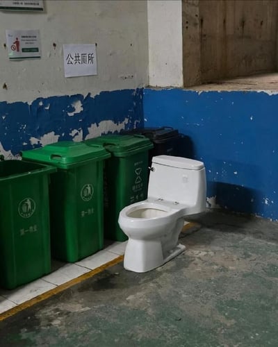 这是一张实拍的现实场景图，画面展示了一处设置十分简陋随意的公共区域：墙面下半部分刷有蓝色油漆、上半部分为白色，墙皮多处剥落破损，墙上贴着白底黑字写有“公共厕所”的标识，标识旁还贴有其他公共指示标牌。靠墙位置摆放了三个带盖绿色垃圾桶、一个无盖绿色垃圾桶和一个黑色垃圾桶，垃圾桶旁的粗糙水泥地面上直接放了一个没有连接任何上下水管道的白色独立马桶，作为公共厕所使用，整体场景不符合公共厕所的常规设置逻辑，充满荒诞感。