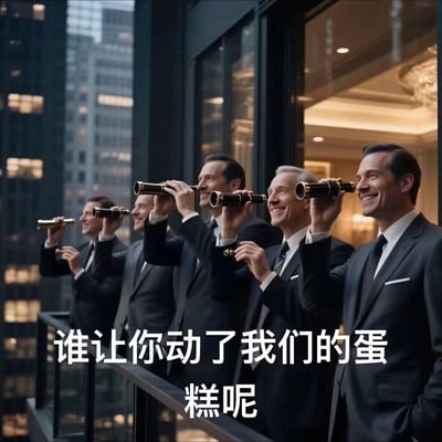 图中是AI生成的五位身着西装的商务男士，站在高层写字楼的露台上，手持单筒望远镜面带笑容望向远方。下方配文“谁让你动了我们的蛋糕呢”，这里的“蛋糕”是双关语，既指实体蛋糕，也指代群体的既得利益、资源等，用看似轻松的画面，调侃当有人触碰既得利益群体的利益时，这些群体的关注与不满情绪。