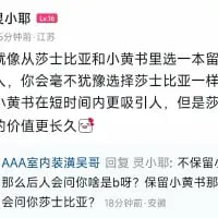 这是一段竖屏手机格式的社交媒体聊天记录截图，为纯文字内容。用户「最最小耶」提出假设：若要在莎士比亚的作品和小黄书之间选一本留存，大多数人会选莎士比亚，因为小黄书虽短期吸引人，但莎翁作品的价值更长久。而用户「AAA室内装潢吴哥」则抛出灵魂拷问：如果留莎士比亚的作品，后人可能会问「啥是b呀？」，但如果留小黄书，没人会问你莎士比亚是谁。这段对话用反套路的角度调侃了经典文学与通俗读物的价值反差，充满搞笑的脑洞感。