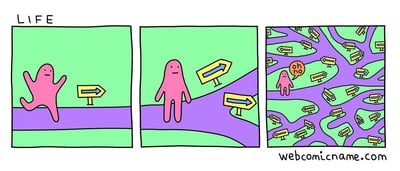 这是一幅三格连环网络漫画，用道路的变化隐喻人生选择的过程：第一格中，粉色卡通小人开心地走在一条笔直的紫色道路上，道路旁只有一个指向右方的指示牌，画面左上角标注着英文单词“LIFE”，此时人生的选择清晰且唯一；第二格中，原本笔直的道路开始分叉，出现了第二个同样指向右的指示牌，粉色小人停下脚步，表情变得严肃困惑，暗示人生的选择开始增多，不再清晰；第三格中，道路彻底变成了密密麻麻、纵横交错的复杂路网，每个路口都立着指向右的指示牌，粉色小人站在混乱的路网中央，对话气泡里写着“oh no”，表情崩溃无奈，生动展现了当人生选择过多时，人们陷入迷茫、不知所措的状态。