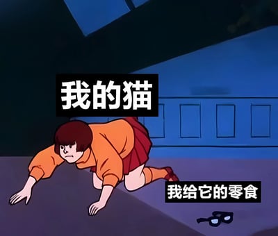 卡通风格图像中，一位穿着橙色上衣和红色短裙的女孩正趴在地上爬行，表情坚定，似乎在急切地追逐某物。画面上方有黑色背景白色文字“我的猫”，右下角靠近一副眼镜的位置有黑色背景白色文字“我给它的零食”。通过拟人化手法，幽默展现了猫咪看到零食时的急切状态，将猫咪比作这位奋力爬行的女孩，充满生活趣味。