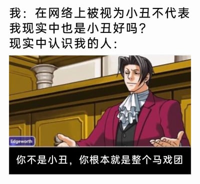 这是一张搞笑二次创作梗图，上方文字是“我”试图辩解自己只是在网络上被当作小丑，现实中并非如此；下方使用了推理游戏《逆转裁判》中御剑怜侍的截图，配上现实中认识“我”的人的吐槽：“你不是小丑，你根本就是整个马戏团”。通过将“小丑”的调侃升级为“整个马戏团”，制造出强烈的反差搞笑效果，夸张地调侃有些人无论在网络还是现实生活中，行为都十分滑稽，滑稽程度远超“小丑”的范畴，戳中了很多人自嘲或被朋友吐槽的共鸣点。