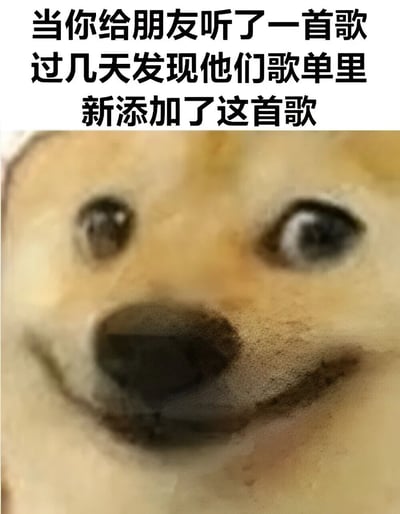 图片上半部分是黑色文字：'当你给朋友听了一首歌 过几天发现他们歌单里新添加了这首歌'，下半部分是一张Doge狗（柴犬）的特写照片，狗狗眼睛睁大，嘴角上扬，露出非常开心和满足的表情，完美表达了分享音乐被朋友认可时的喜悦心情。