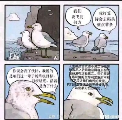 这是一幅四格连环漫画，以海鸥为角色展开对话。第一格，两只海鸥站在海边的岩石上，背景是海洋与天空；第二格，一只海鸥发问“我们要飞向何方”，另一只海鸥轻松回应“我打算待会去码头整点薯条”；第三格，发问的海鸥突然严肃起来，纠正对方，提出关于人生终极目标的灵魂拷问：“你误会我了伙计，我说的是咱们这一辈子的终极目标。归根结底，活着是为了什么”；第四格，原本回应“整点薯条”的海鸥突然开始输出沉重的人生哲学观点，阐述人生由痛苦与无趣构成、生命无终极意义等深刻内容。漫画通过日常琐碎话题与严肃哲学思考的强烈反差，制造出荒诞又讽刺的幽默效果，引发读者对日常与人生意义的思考。