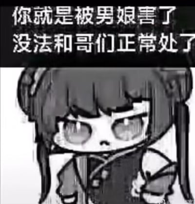 这是一张图文结合的静态表情包，上方黑色背景搭配白色文字写着“你就是被男娘害了 没法和哥们正常处了”，下方是一个扎着双马尾的原创卡通人物，人物皱着眉头，眼神带着委屈和些许不满，呈现出闹别扭的姿态。该表情包以玩梗的方式，调侃有人因为喜欢“男娘”这类风格的形象，导致和同性朋友的相处模式发生了变化，适合在和朋友聊天时用来开玩笑式地吐槽对方的改变，充满趣味。