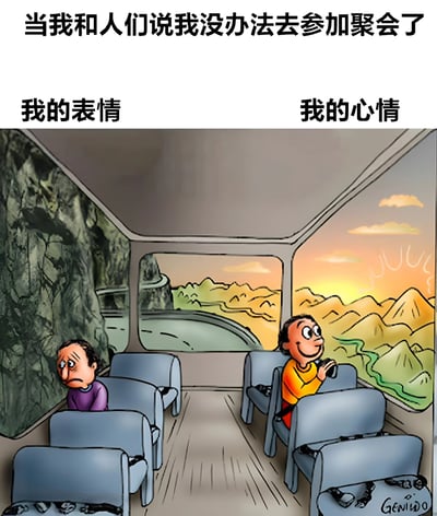 图片上方文字为“当我和人们说我没办法去参加聚会了”，下方分为“我的表情”和“我的心情”两个部分。左侧“我的表情”中，一个卡通人物低头坐在公交车座位上，眉头紧锁，嘴角下撇，面露悲伤沮丧；右侧“我的心情”中，另一个卡通人物则面带笑容，手持相机兴奋地拍摄窗外的山景和日落。通过左右对比，幽默地展现了人们拒绝社交聚会时，表面的无奈与内心的真实喜悦之间的反差。