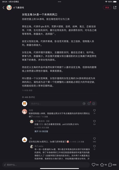 社交媒体账号“小飞象游戏”发布的一篇关于3A游戏主角性别分类的分析文章，标题为“女性主角3A是一个未来的风口”。文中将3A游戏分为男性主角、自定义性别主角和女性主角三类，列举了各类别的代表作品，并指出当前女性主角3A游戏数量较少，且多为男性审美视角，认为以女性审美和价值观打造的女性主角3A游戏将成为未来市场风口。截图下方显示有466条评论，部分评论讨论了游戏玩家性别比例等话题。
