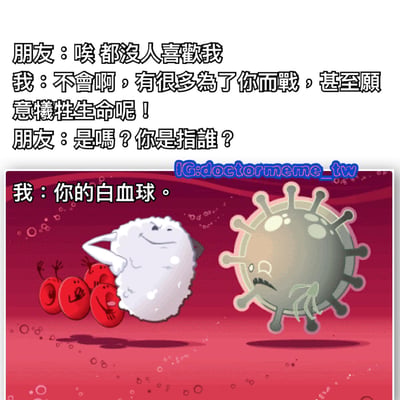 这是一张幽默梗图，上方是朋友间的对话文字，下方是卡通插图。对话内容是朋友抱怨没人喜欢自己，而回应则巧妙地用白血球为身体战斗来制造笑点。插图中展示了一个自信微笑的白血球形象和一个愤怒的病毒形象对峙，背景为红色，带有气泡元素模拟血液环境。