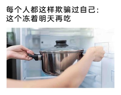 这是一张图文结合的生活类共鸣梗图，图片上方配有文字'每个人都这样欺骗过自己：这个冻着明天再吃'，下方的实拍画面展示了一双手正握着带玻璃盖的不锈钢汤锅的把手，将汤锅往打开的冰箱中放置。该图以幽默的方式精准戳中了大众的生活日常：很多人在面对吃不完的剩菜时，会选择将其放进冰箱，嘴上说着'明天再吃'，但实际上往往会遗忘或者不愿再食用，这是一种常见的自我心理安慰式的欺骗，能够引发人们对这类生活细节的强烈共鸣。