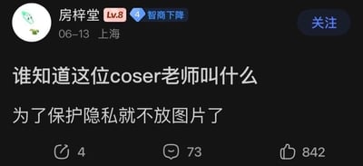 这是一张深色模式下的社交媒体发言截图，左上角是发言用户的卡通头像、用户名“房梓堂”、等级标识Lv.8、“智商下降”的用户徽章、发布时间06-13、发布地上海，右上角设置有关注按钮。发言正文分为两行，第一行为“谁知道这位coser老师叫什么”，第二行为“为了保护隐私就不放图片了”，该提问逻辑矛盾，未提供对应coser的相关图片却希望他人识别coser身份，具有荒诞的搞笑效果。底部显示该发言获得4次转发、73条评论、842个点赞。