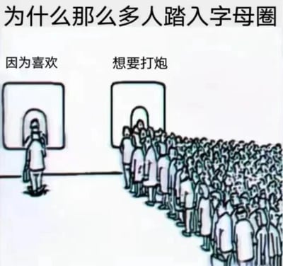 这是一张讽刺风格的漫画梗图，上方文字提出问题“为什么那么多人踏入字母圈”，下方展示两个选项和对应的场景。左边门上方标注“因为喜欢”，只有一个人在门口；右边门上方标注“想要打炮”，门口排起了长长的队伍，夸张地表现了两种动机的人数对比，暗示大多数人进入字母圈的真实动机可能并非表面宣称的“喜欢”，而是更直接的生理需求。