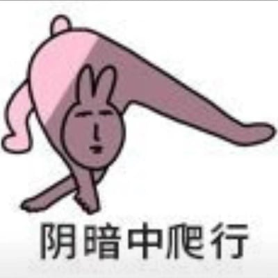 图片中是一个粉色卡通兔子形象，身体呈现扭曲的爬行姿势，面部表情呆滞，带有人类特征的五官。角色下方配有黑色文字‘阴暗中爬行’。整体风格简洁夸张，常被用于网络语境中表达一种压抑、低落或在困境中艰难前行的情绪状态。