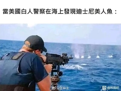 这是一张搞笑改编梗图，上方配有繁体中文文字“当美国白人警察在海上发现迪士尼美人鱼：”，画面主体是一名白人警察在船上，正操作一挺重机枪朝着海面进行扫射，海面被扫射后溅起多处水花。
这张图用夸张的反差制造笑点，调侃了美国白人警察暴力执法的刻板印象，假设他们在遇到迪士尼美人鱼这类虚构的奇幻角色时，也会直接采取开枪攻击的极端行为，带有讽刺和搞笑的双重效果。