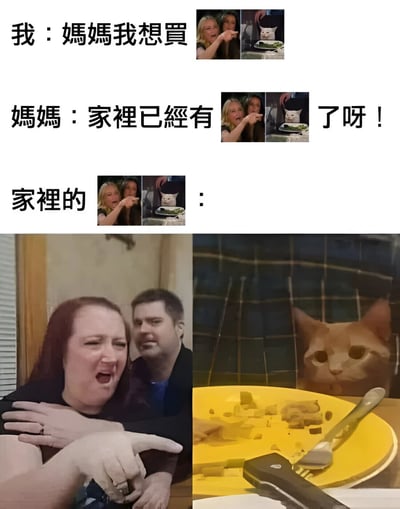 这是一张搞笑的多图拼接梗图，通过三组图文展示了一个经典家庭场景：孩子想买东西，妈妈说家里已经有了，但家里的版本与想要的差距很大。上方两组使用了相同的女性手指猫咪的图片，下方左侧是一位表情震惊的女性手指前方，右侧是一个形似猫咪的物体放在餐桌前，盘子里有食物和餐具。