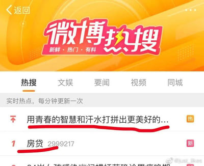 这是一张微博热搜页面的截图，页面顶部是微博热搜的橙色品牌栏，下方设有热搜、文娱、要闻等分类标签，标注着「实时热点，每分钟更新一次」。截图中两个热搜条目被红笔标注：一个是带有「热」标识的励志类热搜「用青春的智慧和汗水打拼出更美好的...」，另一个是排名第1、带有「新」标识的民生类热搜「房贷」，热度值达2999217。两个热点形成鲜明对比，一边是青春奋斗的正向倡导，一边是贴近大众生活压力的现实议题，凸显出理想与现实的反差感。