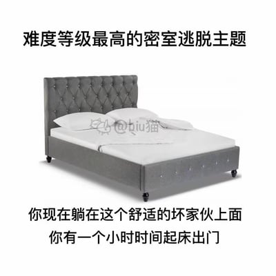 图片展示了一张带有灰色菱形格纹床头板的床，配有白色枕头和床单，整体看起来舒适整洁。上方文字标注“难度等级最高的密室逃脱主题”，下方文字则幽默地将起床场景比作密室逃脱：“你现在躺在这个舒适的坏家伙上面 你有一个小时时间起床出门”。通过将日常起床的困难与密室逃脱的高难度进行类比，制造出搞笑又无奈的效果，戳中许多人早晨不愿起床的痛点。