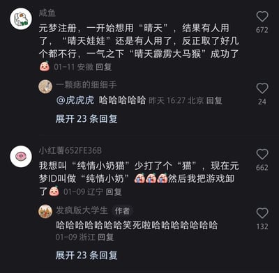 这是一张小红书平台的评论区截图，展示了两位网友在注册腾讯游戏《元梦之星》ID时的搞笑遭遇：用户“咸鱼”原本想取“晴天”“晴天娃娃”这类简洁可爱的ID，但均已被占用，一气之下注册了“晴天霹雳大马猴”这个搞怪ID并成功；用户“小红薯652FE36B”原本想叫“纯情小奶猫”，却因少打了一个“猫”，ID变成了“纯情小奶”，对此感到崩溃并卸载了游戏。此外还有用户“一颗痣的细细手”的互动评论，作者“发疯版大学生”也对第二位网友的经历表示爆笑，整体内容充满趣味，展现了游戏ID注册时的无奈与搞笑瞬间。