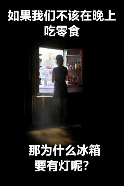 这是一张顶配底文式的静态竖屏梗图，画面背景是黑暗的房间，唯一的光源来自打开门的冰箱，一个人影背对着镜头站在冰箱前，似乎在挑选食物，冰箱内部的物品和人物的身影被灯光照亮。图中上下配有白色文字，上方为“如果我们不该在晚上吃零食”，下方为“那为什么冰箱要有灯呢？”，用幽默的反问逻辑，为深夜嘴馋想吃零食的行为找借口，精准戳中很多人深夜忍不住打开冰箱找食物的日常，充满趣味和共鸣感。